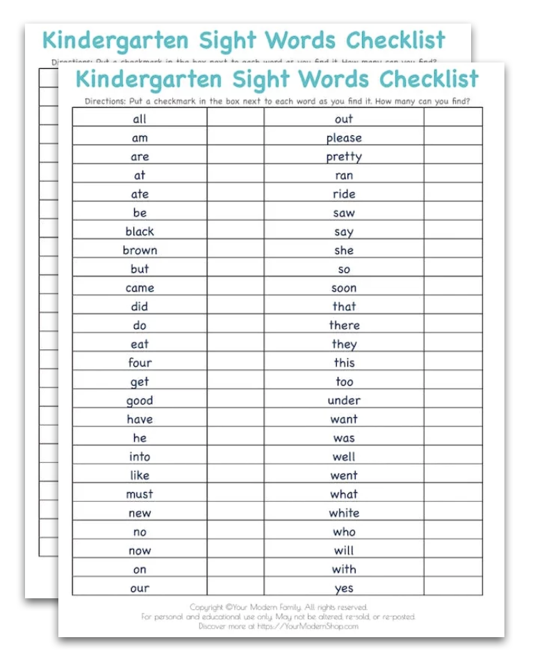 Kindergarten Sight Words Free Printable List